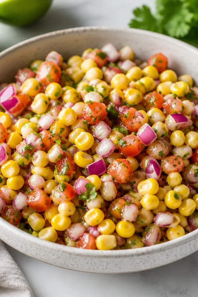 Salsa with lots of visible diced red onion and glossy lime-coated corn. The surface shines slightly, and cilantro is chopped fine and scattered evenly.
