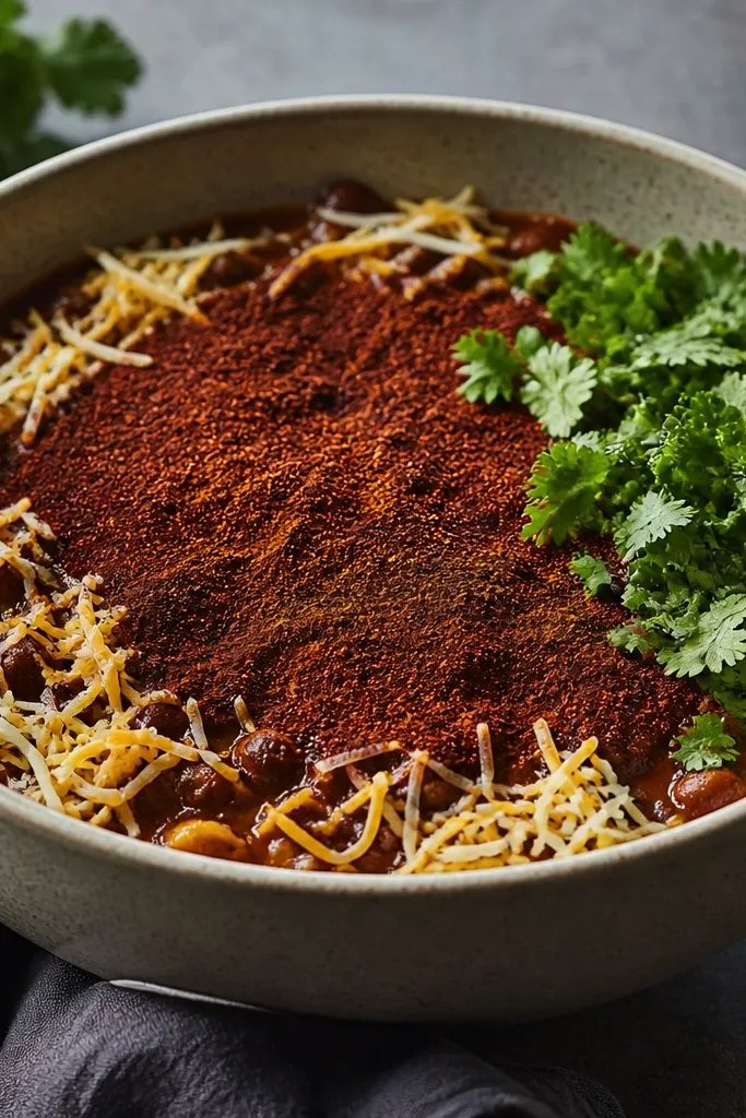 A bowl where chili powder forms a smoky reddish-brown layer. Cilantro is piled in small green peaks on the right side of the bowl, and cheese is sprinkled only around the edges.