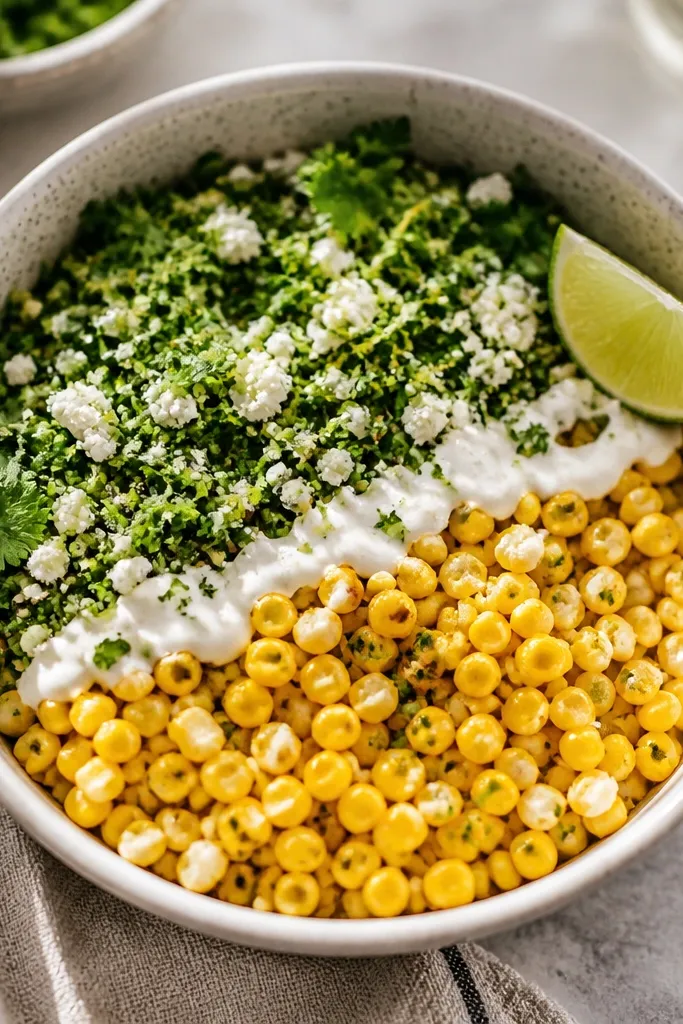 The top half of the bowl is green-speckled with visible cilantro and lime zest. The bottom is mostly yellow corn, and the white crema is only a light ribbon.