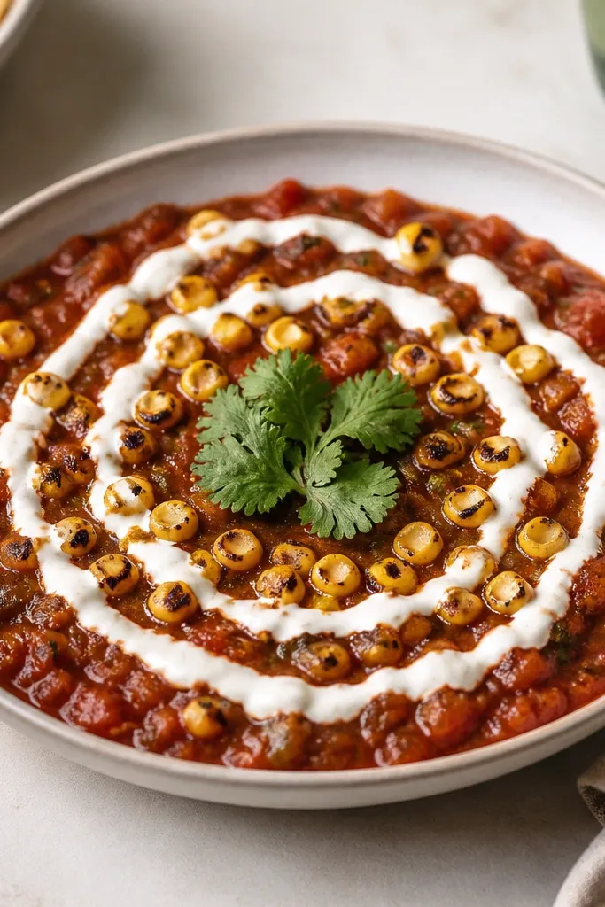 A shallow plate with salsa arranged into a ring pattern. Corn kernels show browned edges, and crema is drizzled in a ring, with cilantro in the center.