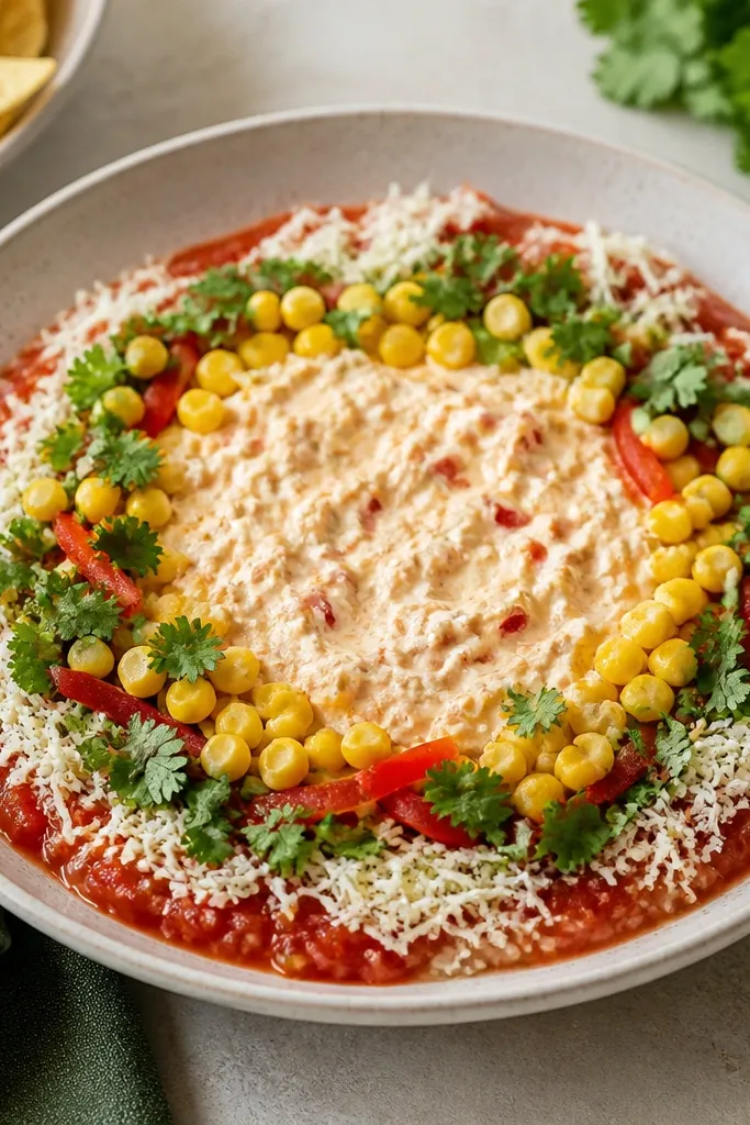 Salsa with visible red bell pepper matchsticks. A creamy center is slightly thicker, surrounded by yellow corn and green cilantro, with cheese sprinkled around the edges.