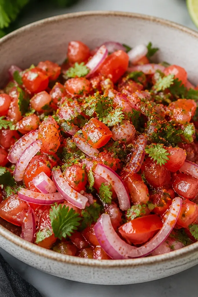 Salsa with glossy, slightly pink onion slices mixed in. The bowl has bright lime green cilantro and a sprinkle of chili powder across the top.