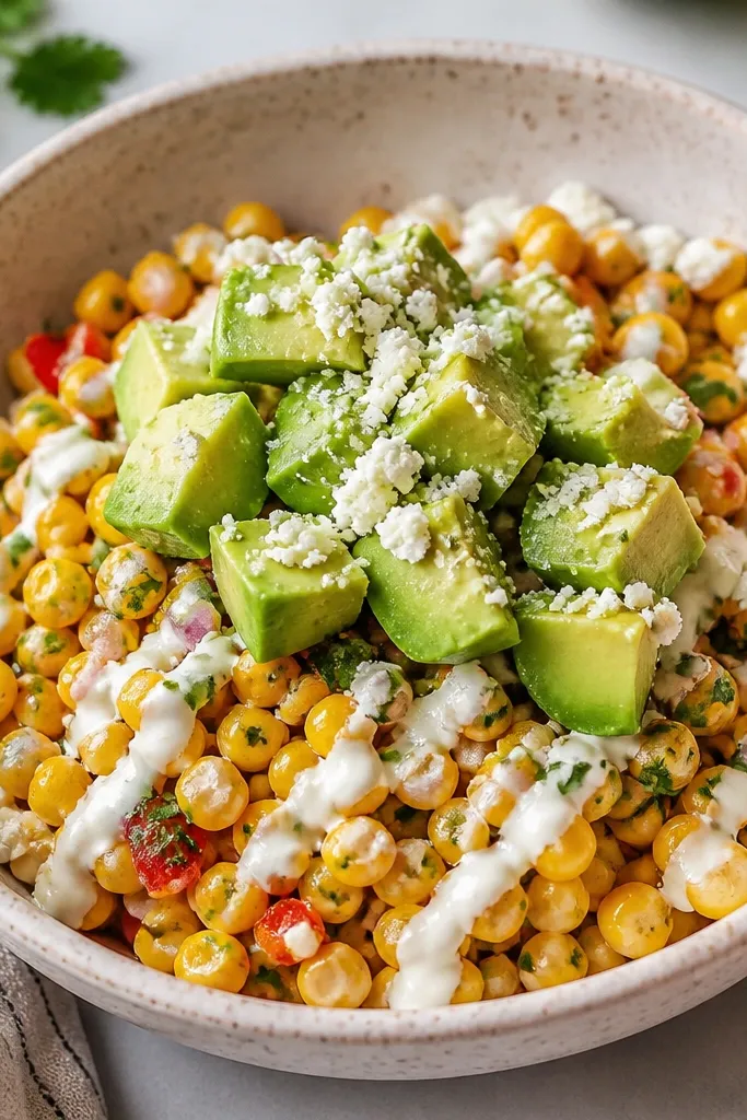 Corn salsa topped with bright green avocado chunks. Creama is drizzled lightly, and cotija crumbles sit only on the avocado and outer edge.