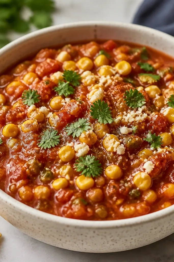 A bowl of salsa with thick, spoonable texture. Corn kernels are coated but separated, and the surface has a few visible cilantro leaves and cheese crumbles.