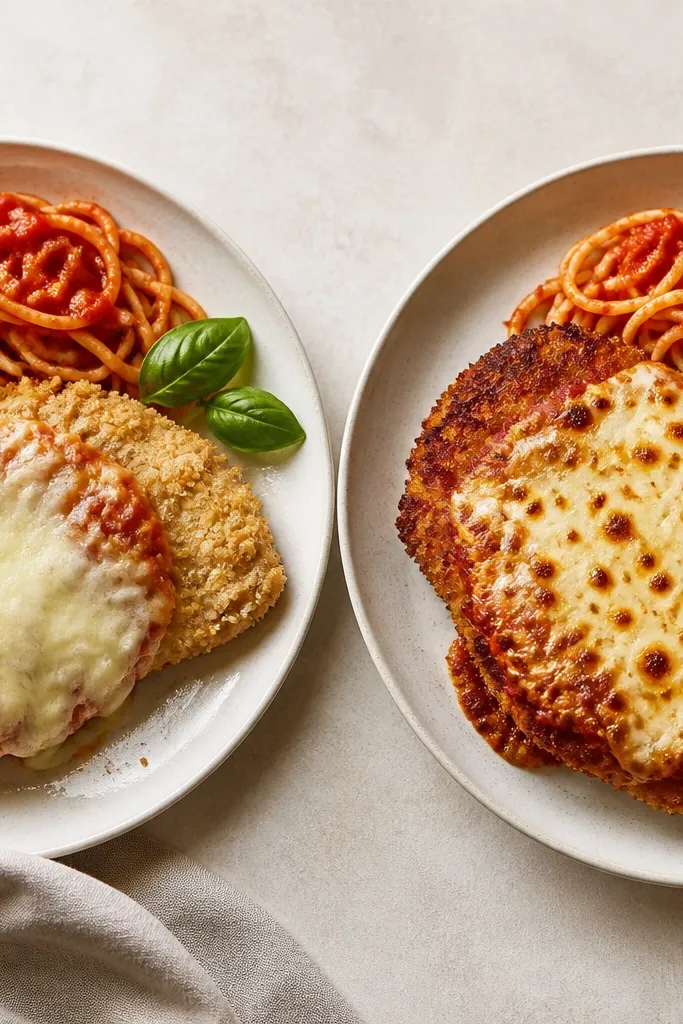 Two chicken parmesan plates side-by-side. The left plate shows pale, uneven breading and a cheese layer that looks dull. The right plate shows golden-brown breading with crisp edges and a cheese top that has bronze freckles.