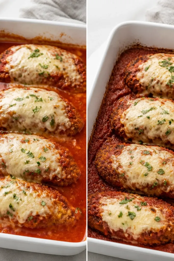 A baking dish photo where the left version has watery red sauce pooling around the chicken. The right version shows sauce spread in a thin layer under the cutlets with minimal liquid, and the sauce looks thicker where it touches the breading.