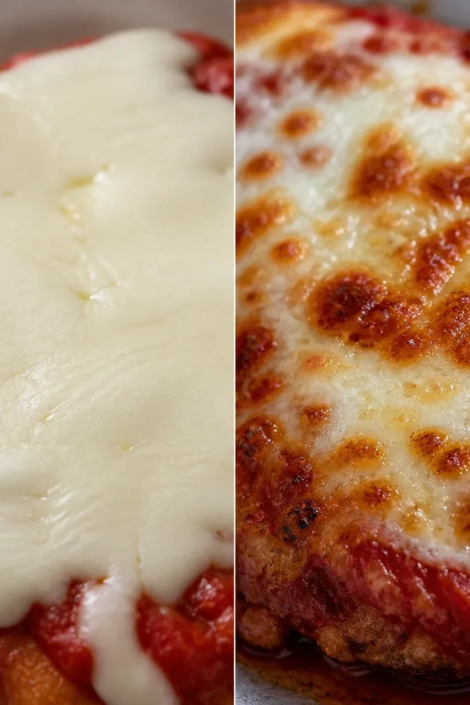 Close-up of the top of chicken parmesan. The left image shows pale melted cheese with no color change. The right image shows melted mozzarella with golden-brown spots and slight crisp edges on the surface.