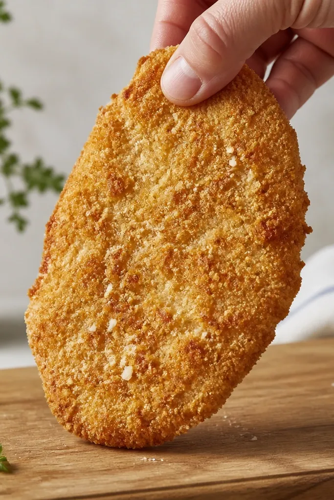 A single breaded chicken cutlet held up over a cutting board. The coating is golden with tiny white Parmesan flecks. The surface looks matte and compact, not wet or shiny.