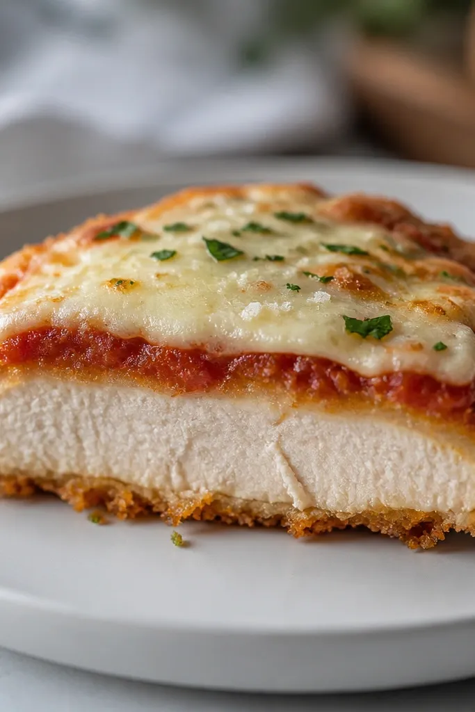 A cut-open chicken parmesan piece. The crumb layer is intact and golden. The chicken inside looks moist and pale, with sauce and melted cheese in distinct bands instead of mixing into one paste.