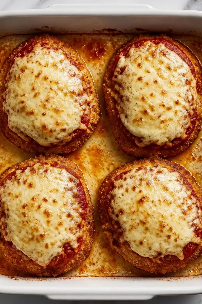 Top-down view of a baking dish. Sauce is visible under the cutlets in a thin smear. Above each piece, sauce is thicker in a small mound, and cheese sits over it.
