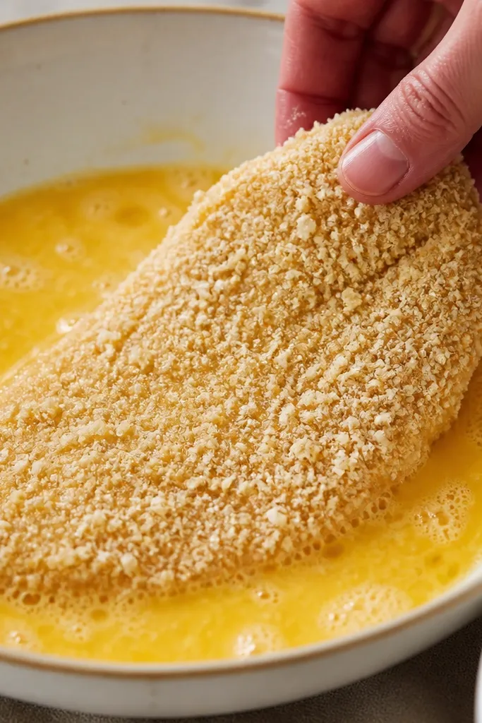 Close-up of a bowl of beaten egg and a breaded chicken cutlet. The egg coating on the chicken looks smooth and even. The crumbs stick immediately, leaving no bald patches.