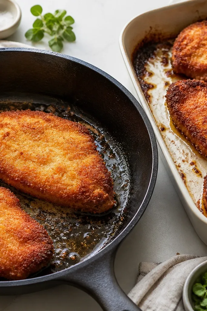 A skillet with oil and breaded chicken cutlets. The cutlets are deep golden with darker edges. Next to it, a baked dish shows the final crust more bronzed than the raw breading.