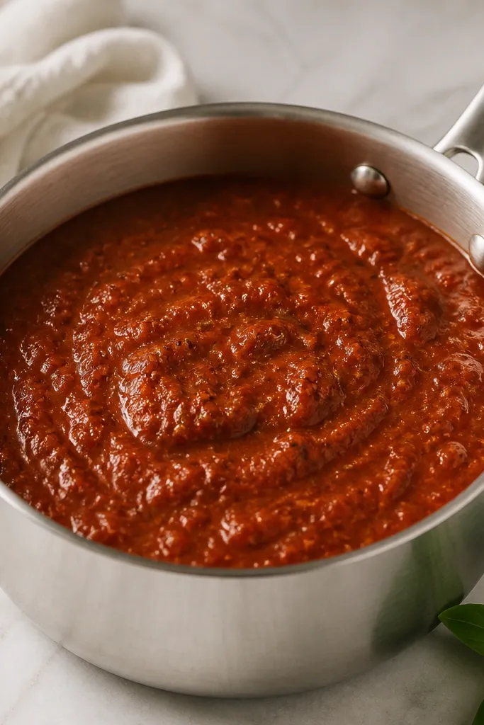 A small saucepan of tomato sauce. It has visible flecks of dried oregano and basil. The sauce looks thicker and darker than plain canned tomato sauce.