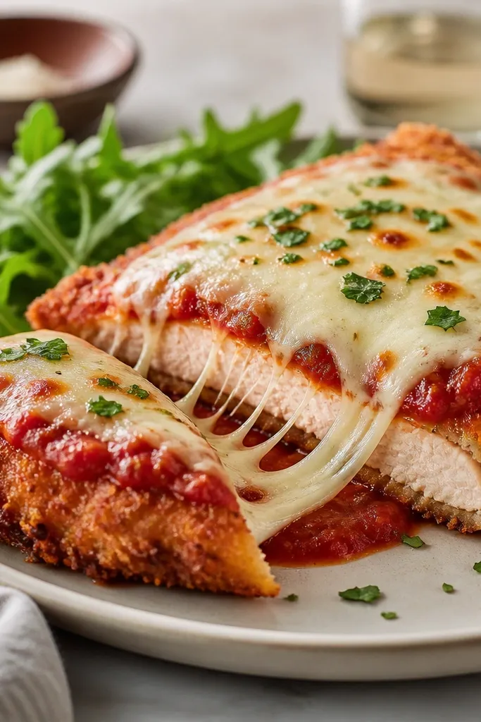 A plate with a slice cut into the chicken parmesan. The cheese has a gentle stretch between the top and bottom layers. The breadcrumb edge holds shape and looks crisp.