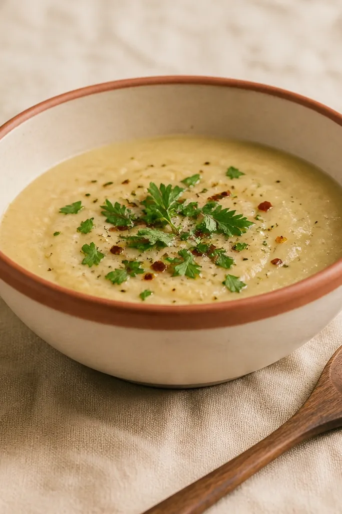 A matte cream ceramic bowl with a terracotta-painted outer rim on a warm beige linen tablecloth, topped with parsley and a small pinch of red pepper flakes; a wooden spoon rests beside the bowl.