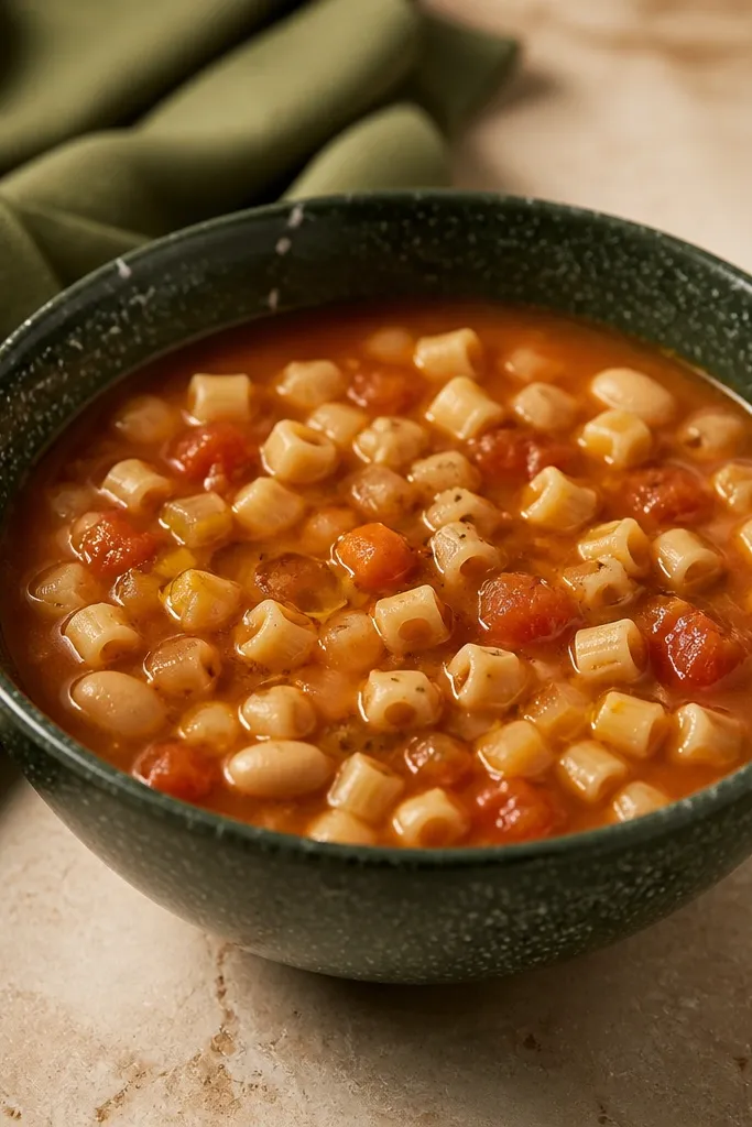 A dark forest-green bowl with a thin white speckle pattern, pasta fagioli visible under warm light, a small drizzle of olive oil on top, and a folded olive napkin in the background.