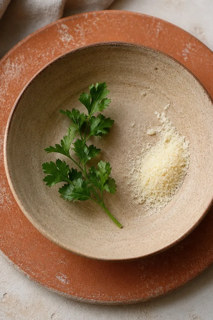A terracotta tile-style charger plate under a rustic clay bowl, with a sprig of parsley placed slightly off-center and a small pile of grated cheese on the side.
