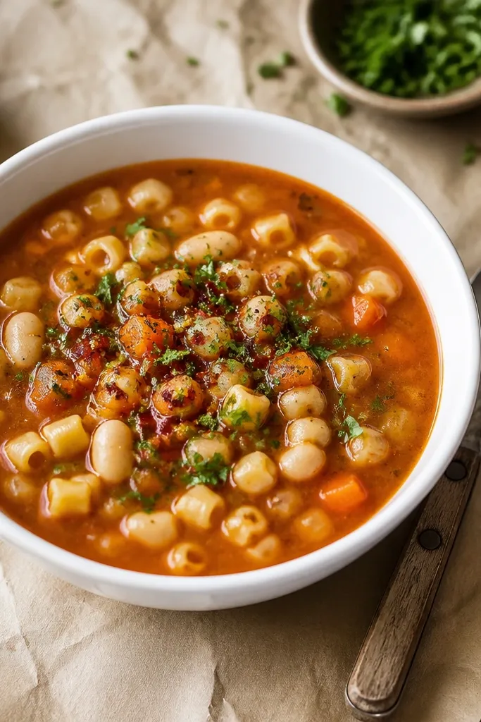 A white bowl of pasta fagioli on a brown kraft paper runner, parsley topping, red pepper flakes sprinkled on top, and a spoon with a worn wooden handle.