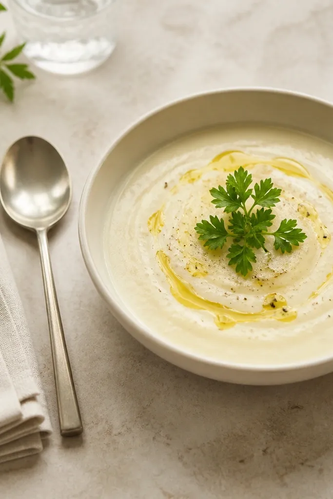 A folded off-white linen napkin placed beside a cream bowl, with parsley garnish centered and a drizzle of olive oil on top; the spoon is placed parallel to the napkin.