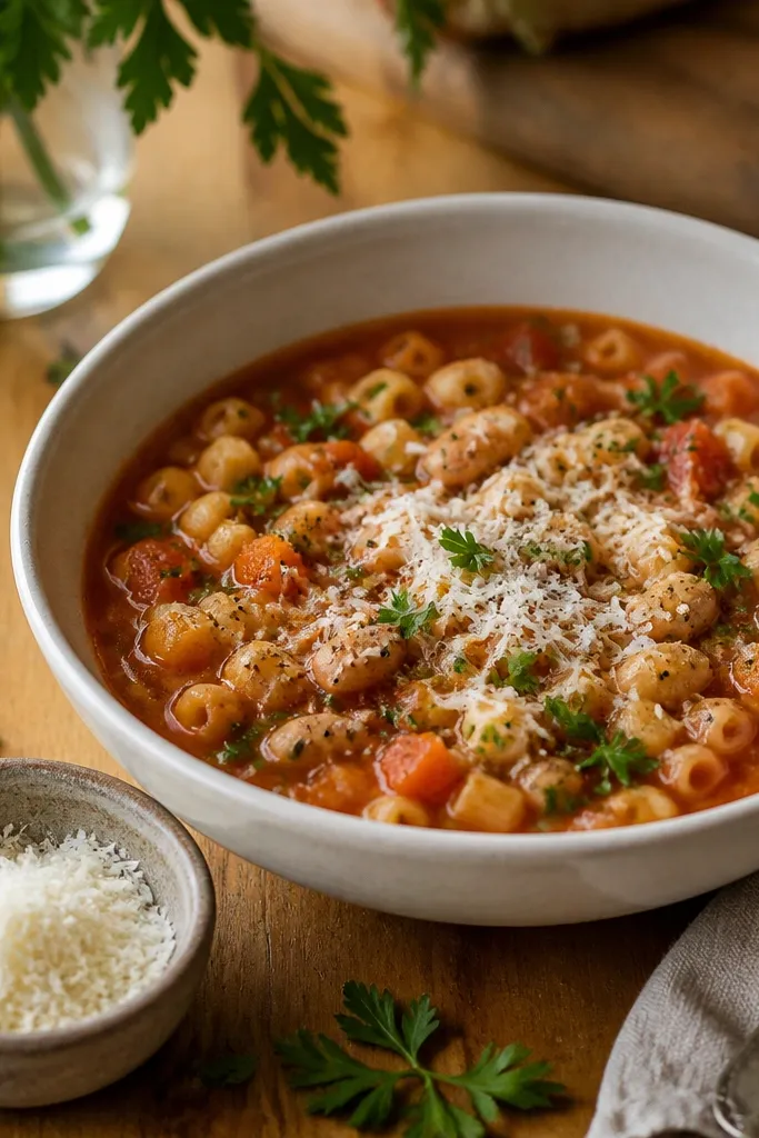 A bowl of pasta fagioli on a honey-toned wooden table, black pepper specks visible on top, parsley garnish, and a small bowl of extra cheese in the foreground.