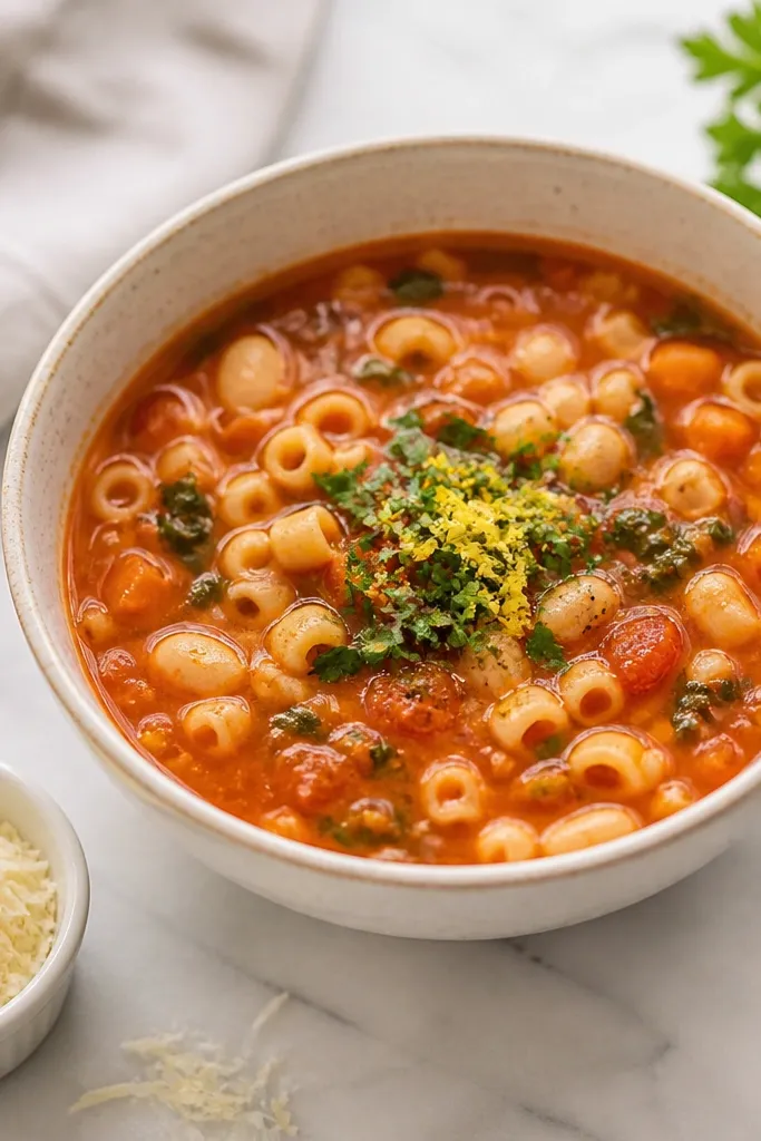 A small white ramekin with grated cheese beside a bowl of pasta fagioli, and a tiny pinch of lemon zest on top of the soup near the parsley.