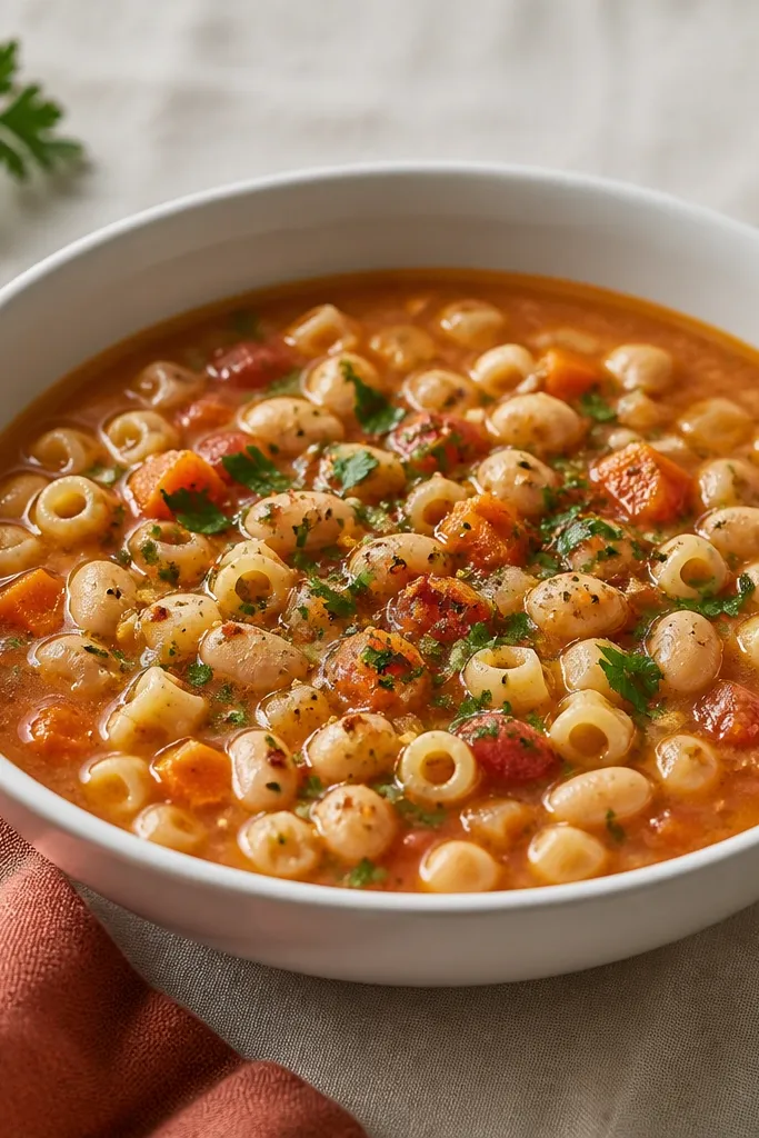 A white bowl of pasta fagioli on a cream tablecloth with a muted red cloth napkin, parsley on top, and a few red pepper flakes scattered across the surface.