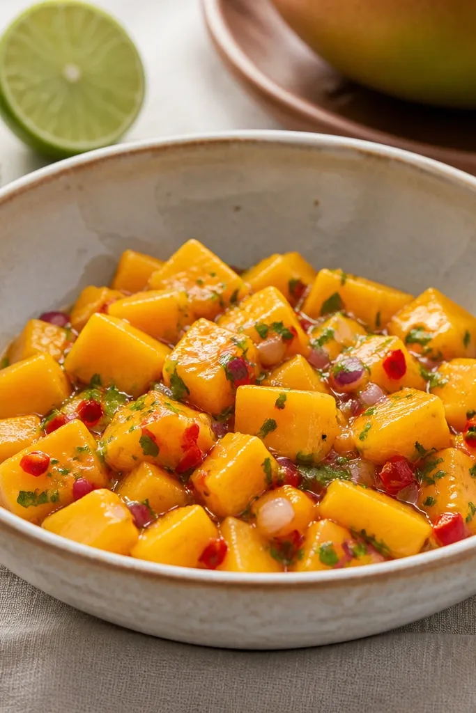A wide, shallow ceramic bowl filled with bright orange mango cubes and small red flecks, with a glossy sheen from lime. The salsa sits low in the bowl so the cubes are clearly visible, not mashed.
