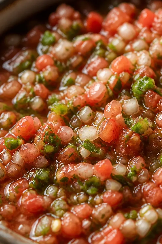 A close-up view of salsa where jalapeño or serrano is diced into tiny red-green flecks, with no blackened paste. Lime droplets sparkle on the surface.