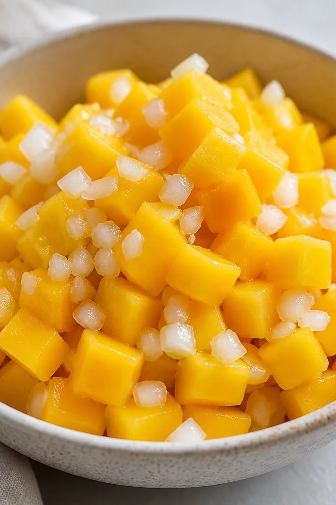 Small translucent white onion bits scattered through mango, with visible edges and a slightly juicy shine. The onion pieces are not chunky or stringy.