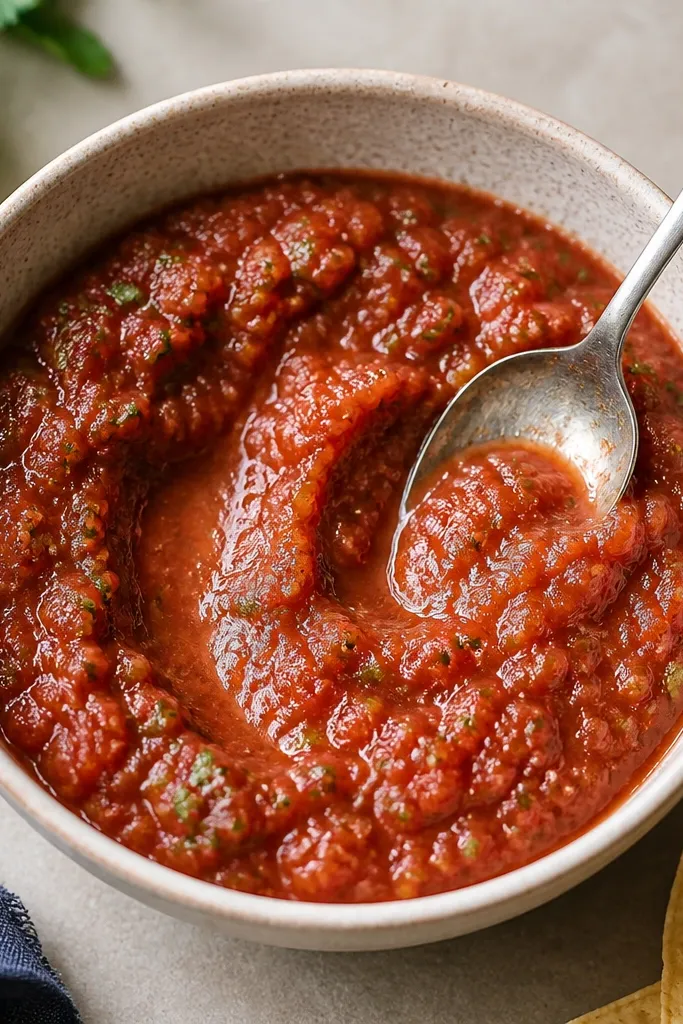A spoon dragged through salsa shows a glossy trail that quickly thickens. There's no puddle at the bottom of the bowl.