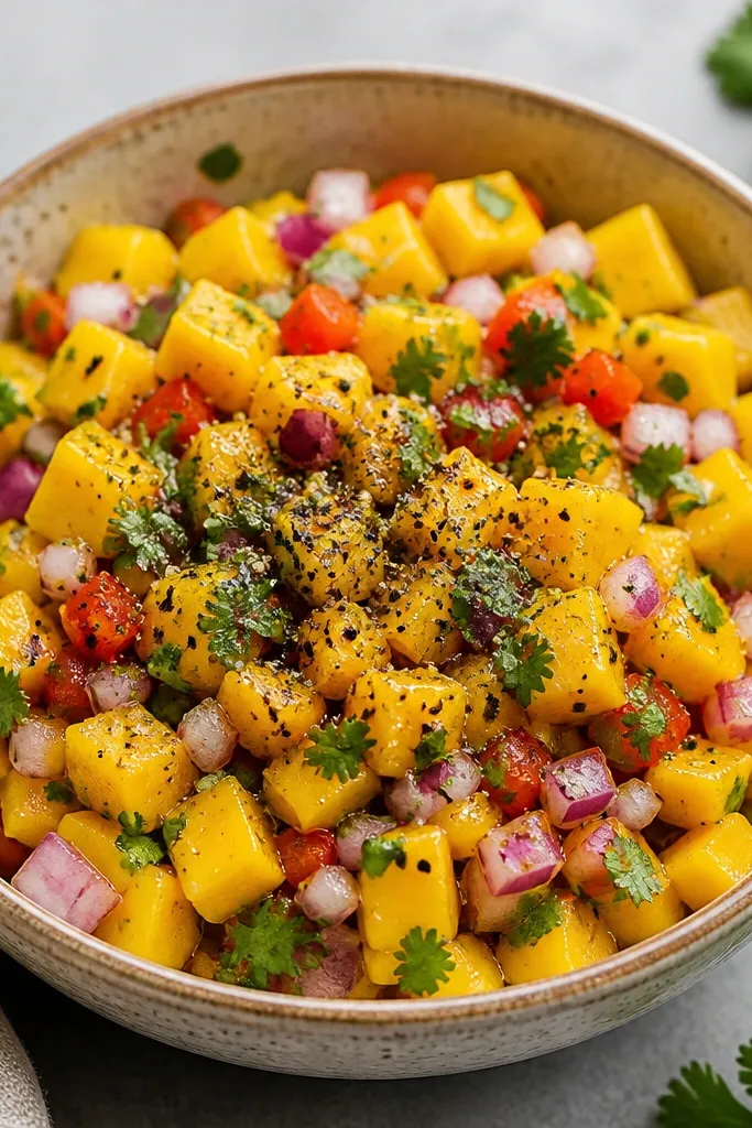 Tiny black pepper specks scattered across the salsa surface, concentrated near the center. Mango cubes remain distinct underneath.