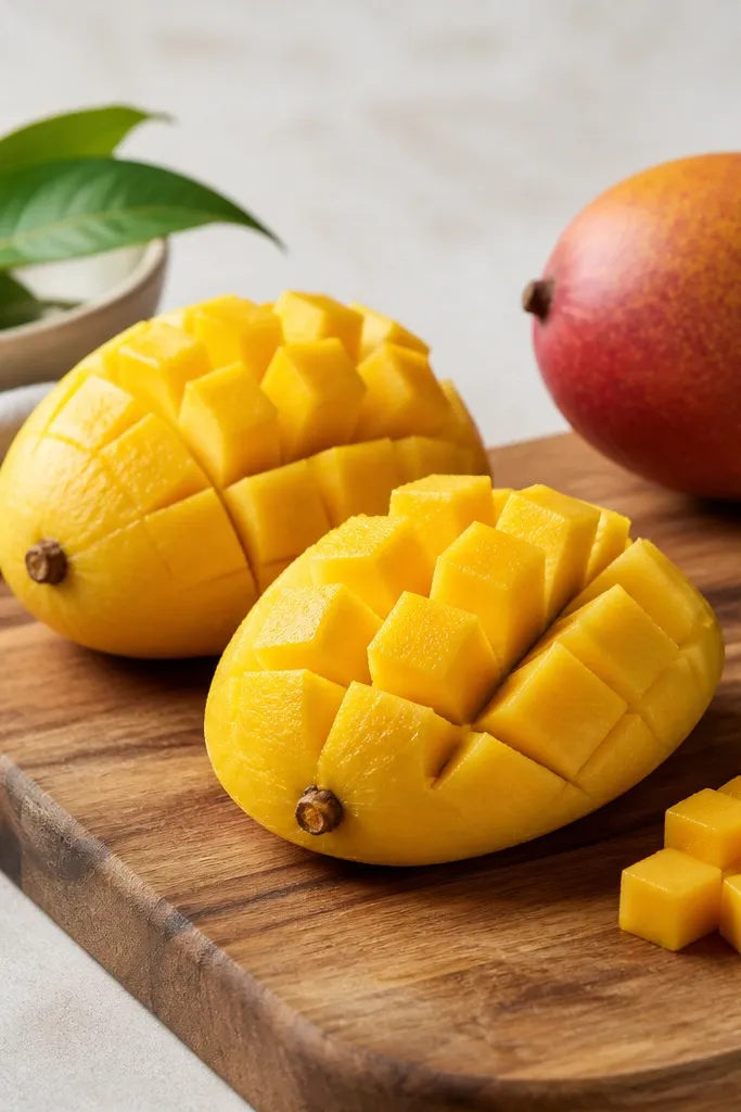 A cutting board with mango halves showing the stem end, with the stem-end side facing the camera. Cubes are neat and uniform at 1/2-inch size.