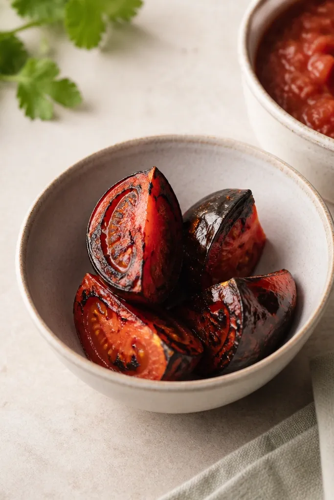A small bowl with a few charred tomato quarters - blackened skin on the outside and red flesh visible. The salsa bowl beside it shows subtle red pieces.
