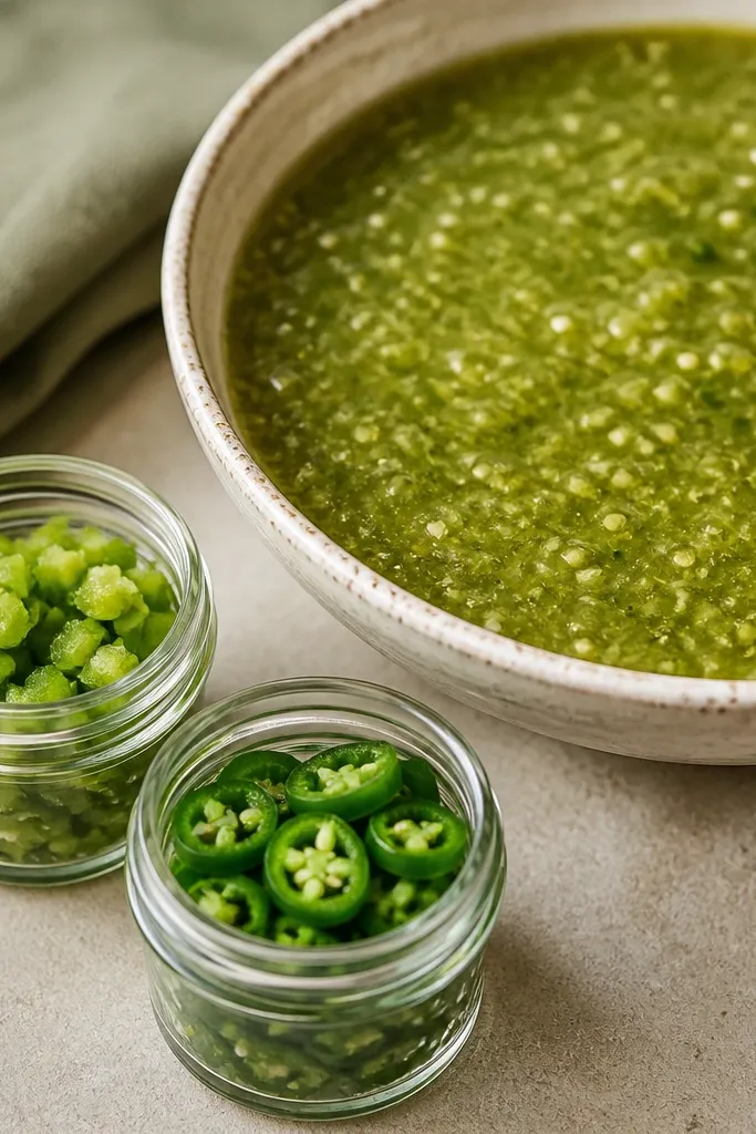 Two small jars side-by-side: one jar shows green jalapeño dice, the other shows thinner serrano slices with more intense green. A larger bowl of salsa shows the chosen chile only.