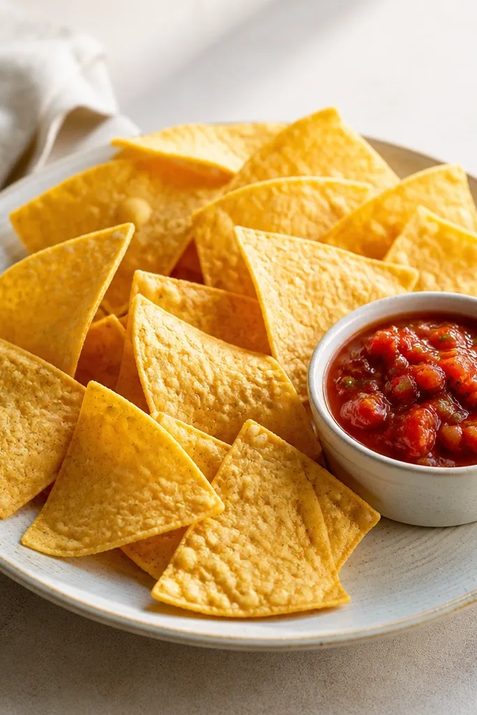 A plate of thick tortilla chips with salsa on the side in a small ramekin, not piled directly on the chips. The salsa looks glossy and holds its shape.