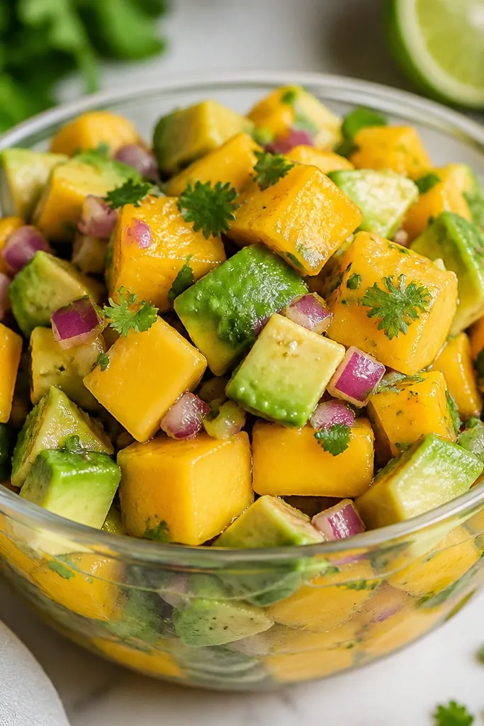 A clear glass bowl filled with orange mango cubes and pale green avocado chunks, speckled with tiny red onion bits and bright green cilantro. Lime juice gloss catches the light on top.