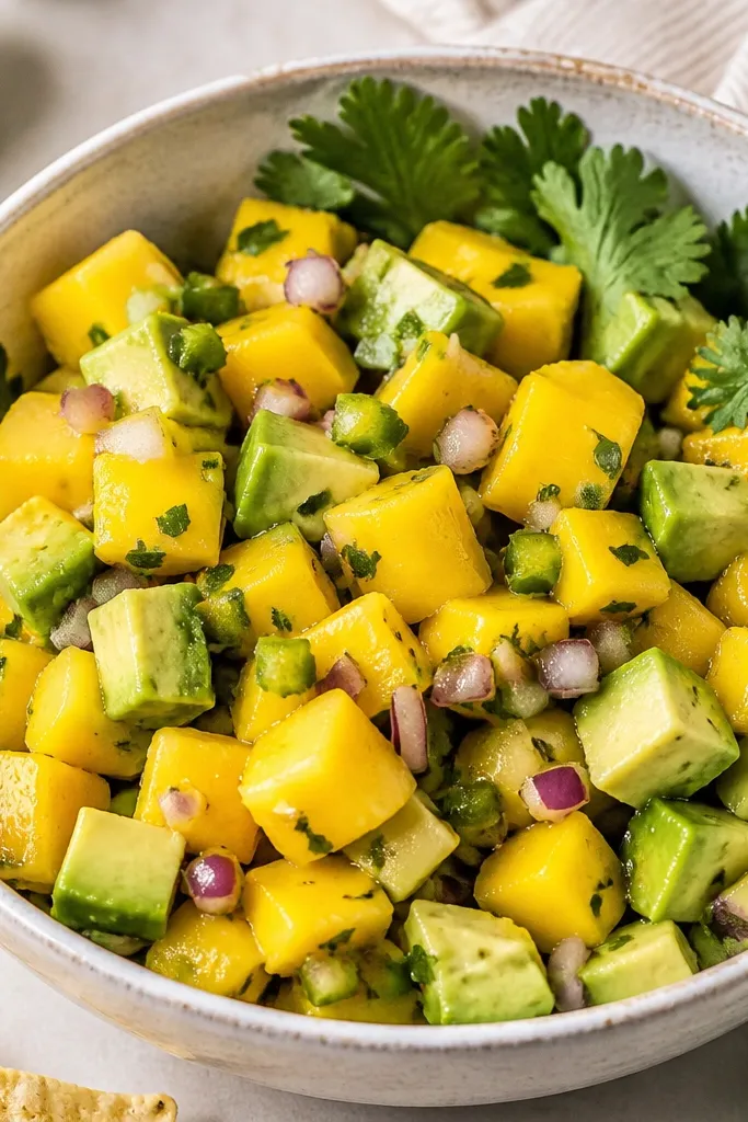 The salsa looks speckled with tiny dark green jalapeno bits scattered through the mango and avocado, with cilantro leaves on the edges of the bowl.