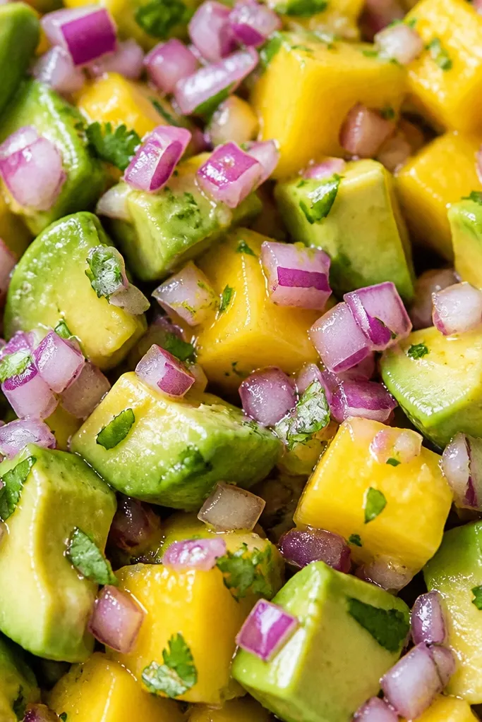 A close-up overhead shot showing fine red onion confetti scattered across the avocado and mango, with visible lime sheen and tiny cilantro flecks.