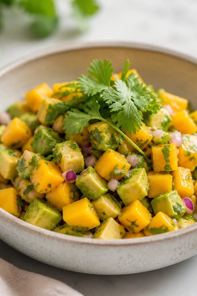 The salsa is mixed and then topped with a small "crown" of cilantro leaves and stems, bright green against orange and green fruit.