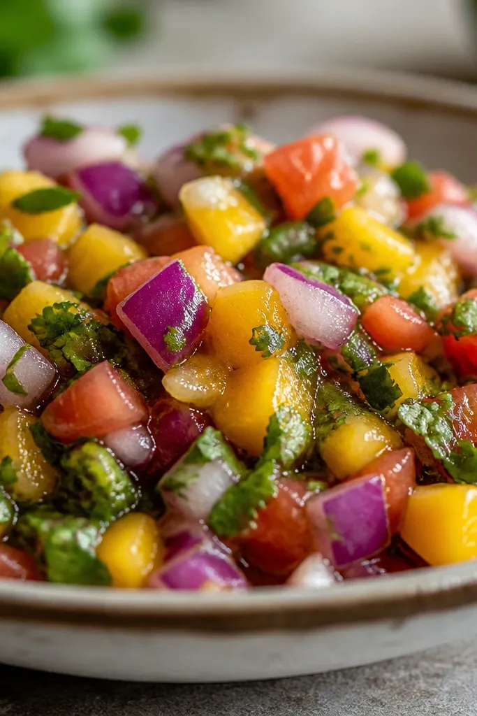 A side-angle photo showing a shiny, slightly wet surface on the salsa with tiny bubbles of lime and a few mango edges visible.