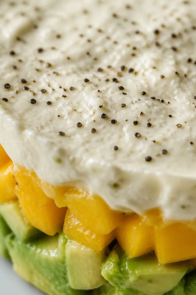 Close shot of the top layer with visible black pepper specks and tiny salt crystals, plus mango and avocado chunks below.