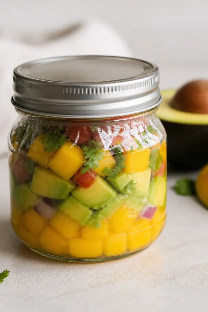 A small mason jar filled with layered mango and avocado salsa, with the top pressed flat and plastic wrap visible under the lid.