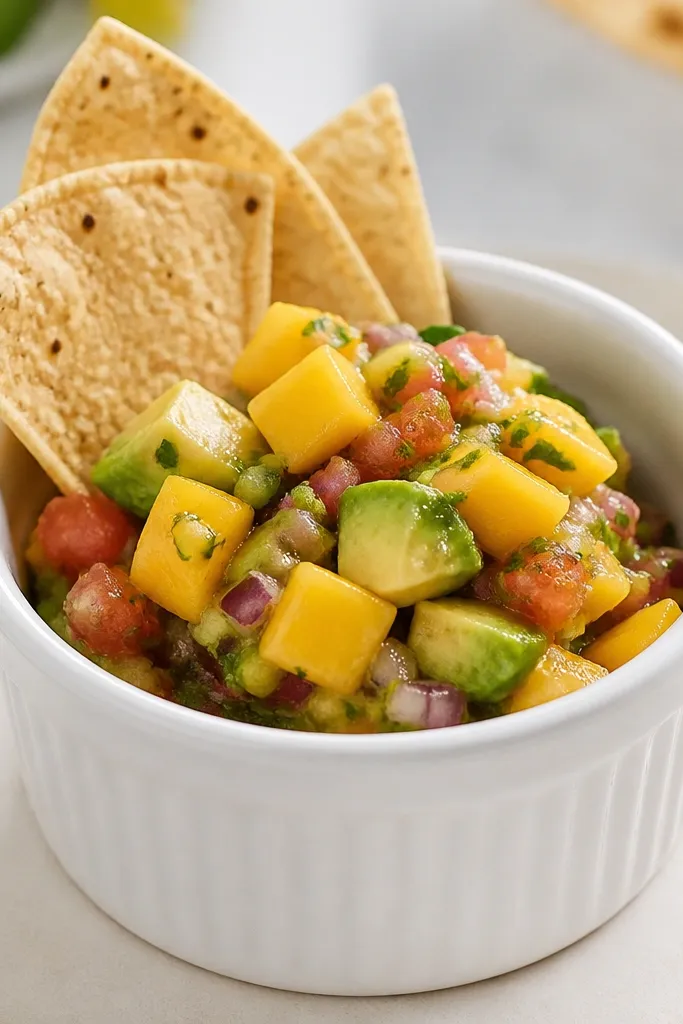 A small ceramic ramekin of salsa with tortilla chips leaning against the rim, showing mango cubes and avocado chunks in the center.