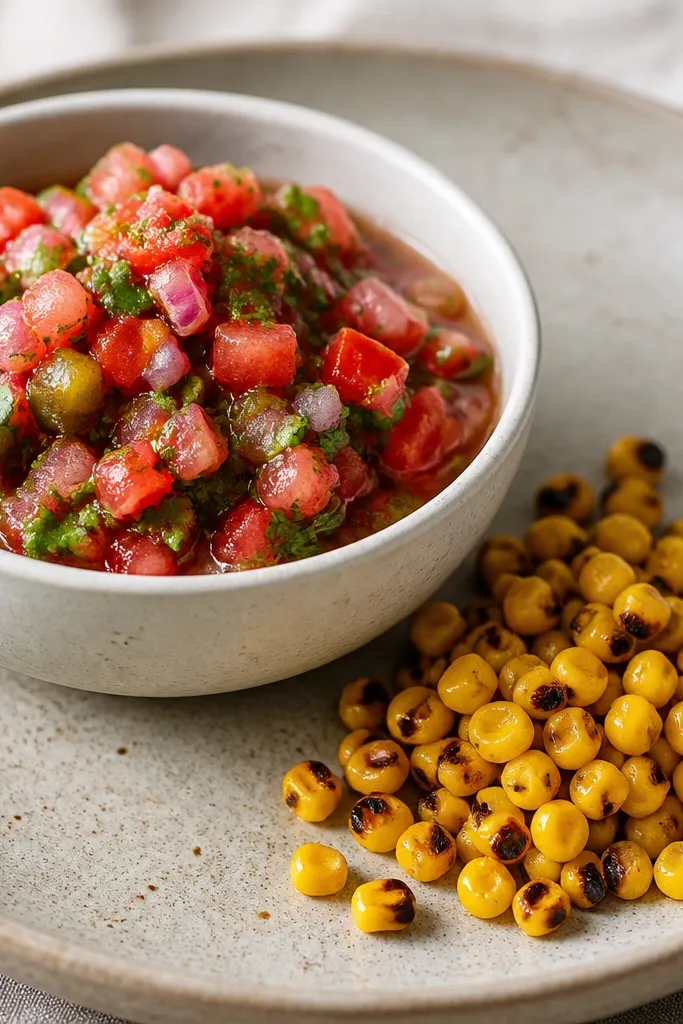 The salsa in a bowl with a small side pile of charred corn kernels, showing blackened spots and bright yellow kernels.