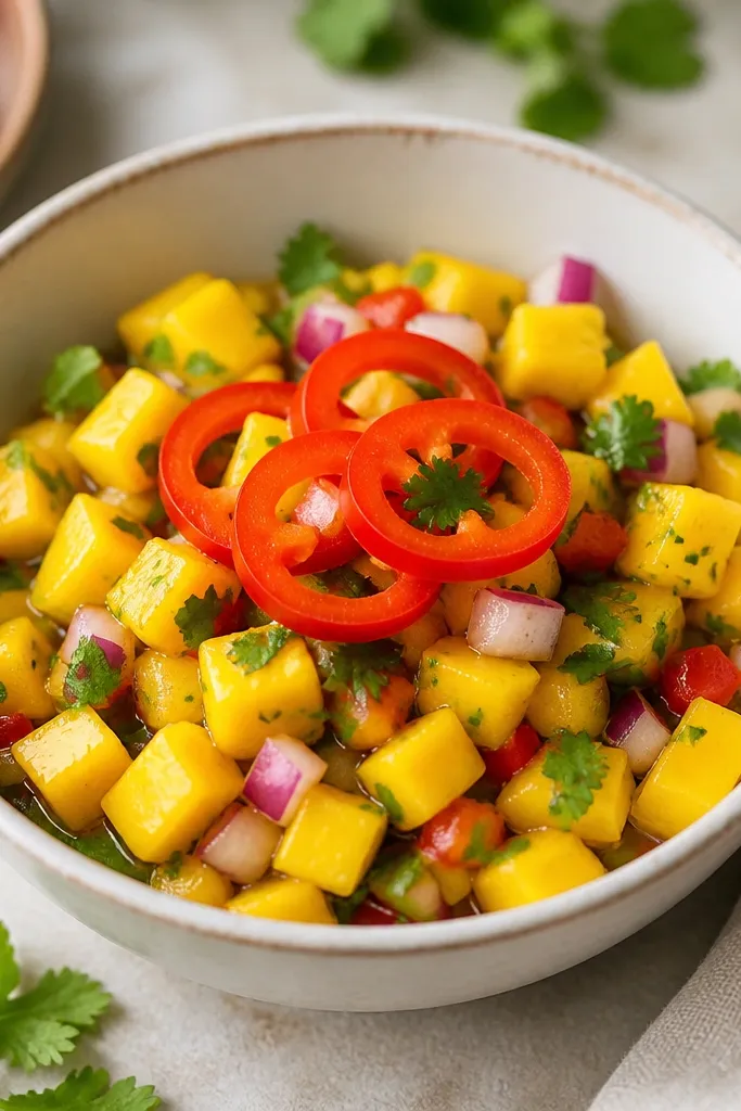 A bowl of mango salsa with a few thin red bell pepper rings placed on top, like a garnish halo.
