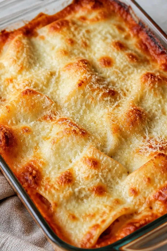 A glass 9x13 baking dish filled with cheese ravioli. The top is covered in melted mozzarella and grated parmesan, with uneven golden brown bubbles and a few darker toasted spots around the edges.