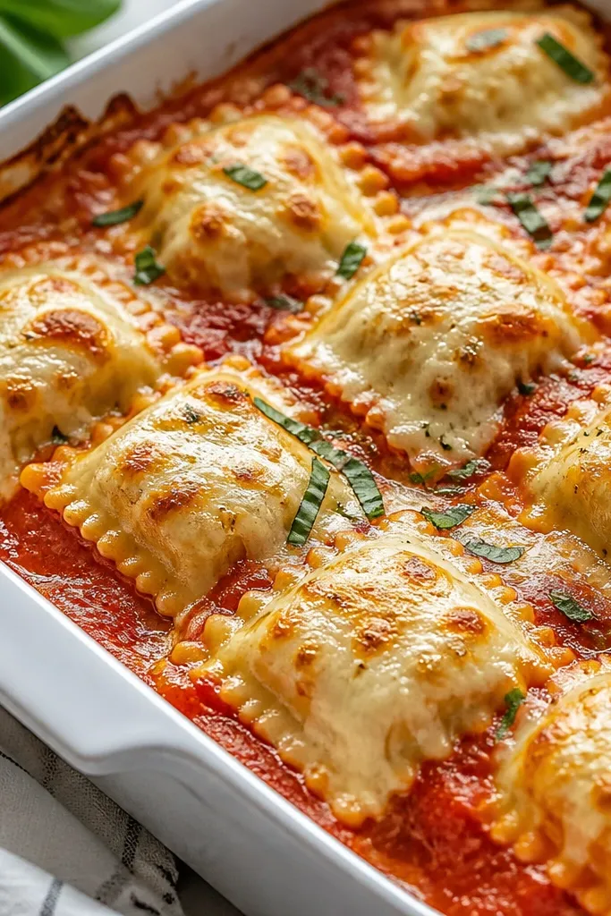 Baked ravioli where the cheese top is shiny and bubbly, with small red sauce gaps visible between ravioli pieces. The sauce looks glossy and slightly thick, not watery.