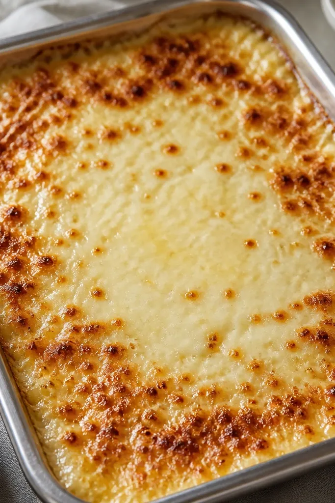A tray where the center looks creamy and melted, while the edges have a dusting of parmesan that browned into a speckled pattern. The surface has both smooth melt and crunchy dots.