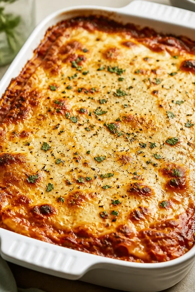 The outer 1 inch of the baking dish shows bubbling sauce at the rim, with small cheese bubbles popping near the edges. The center looks slightly thicker and more set.