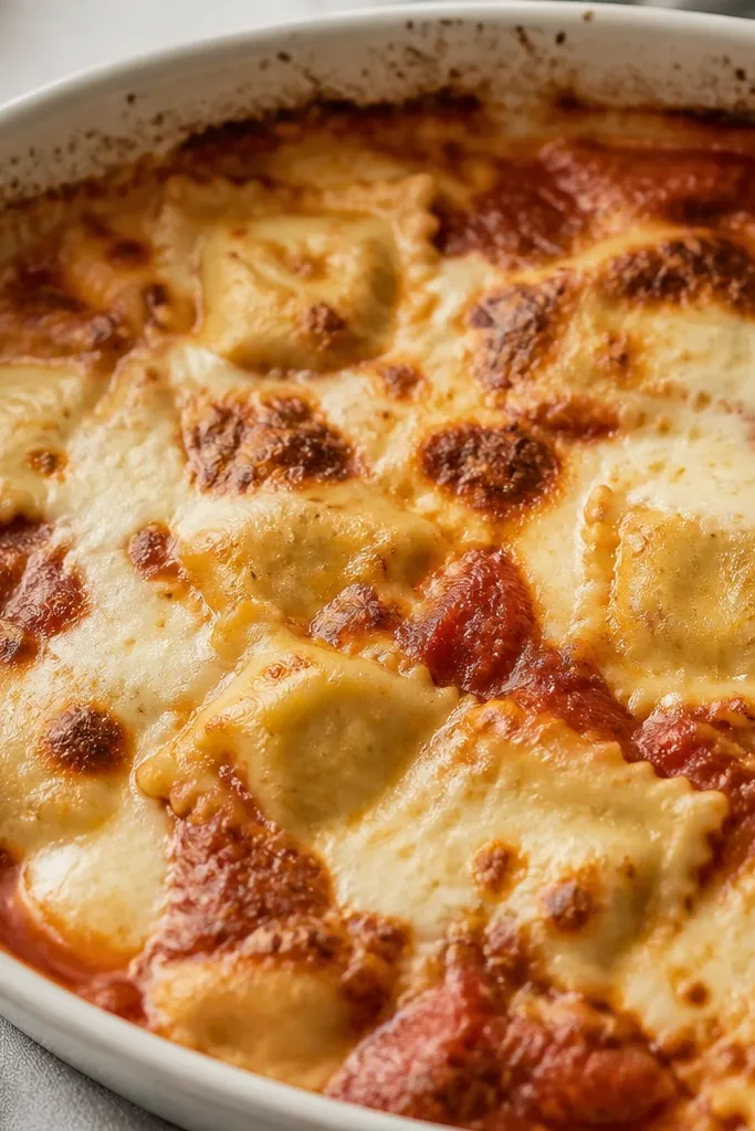 The cheese is melted in uneven islands. Some areas look creamy, while others are drier and more browned. Red sauce pockets show through around ravioli corners.